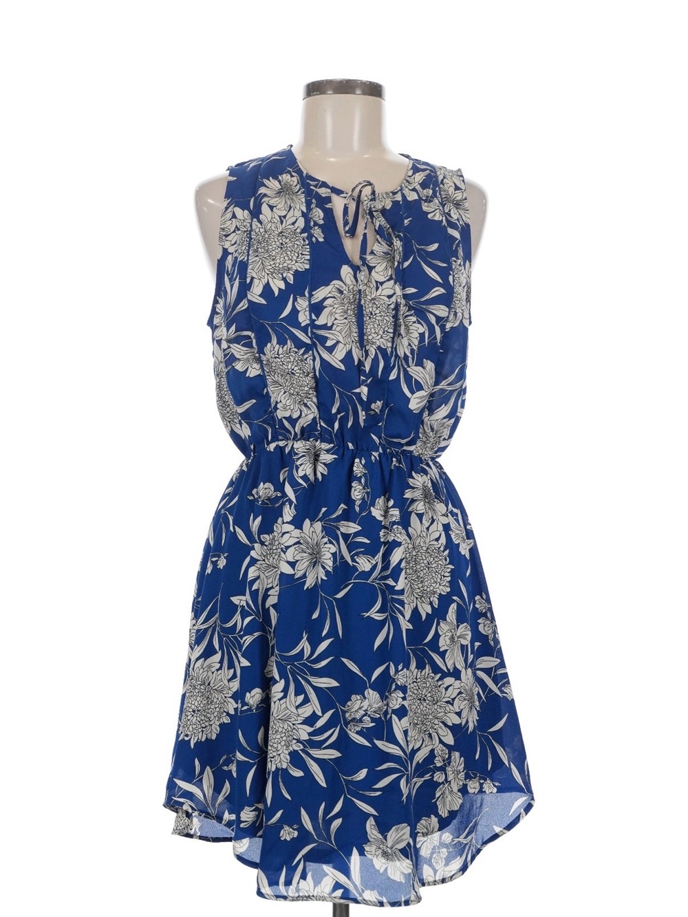 Collective Concepts Blue White Floral Tie Neck Midi Dress Women Medium Boho